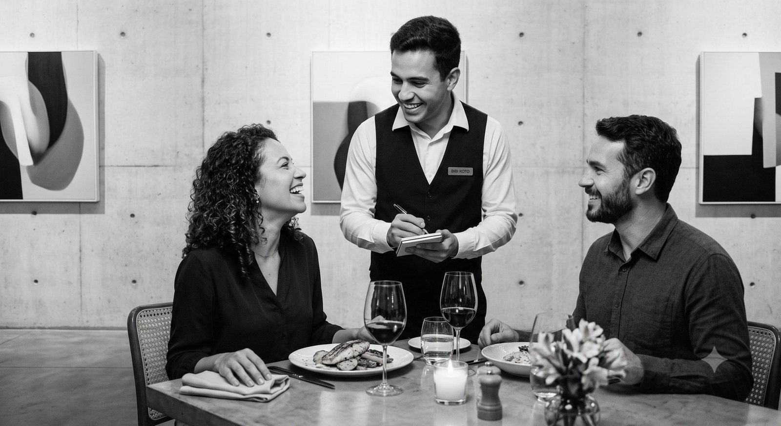 Empregado de mesa a atender um casal no restaurante
